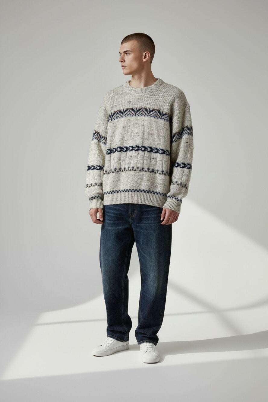 Pendleton Mens L Vtg Wool Textured Speckled Knit Nordic Print Crewneck Sweater